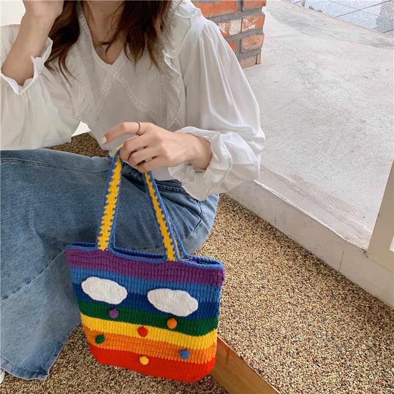 Purse Crochet Beach Bag Rainbow Crossbody Bag Accessories Firm and durable for use easy to hold items.(Large) — image 2