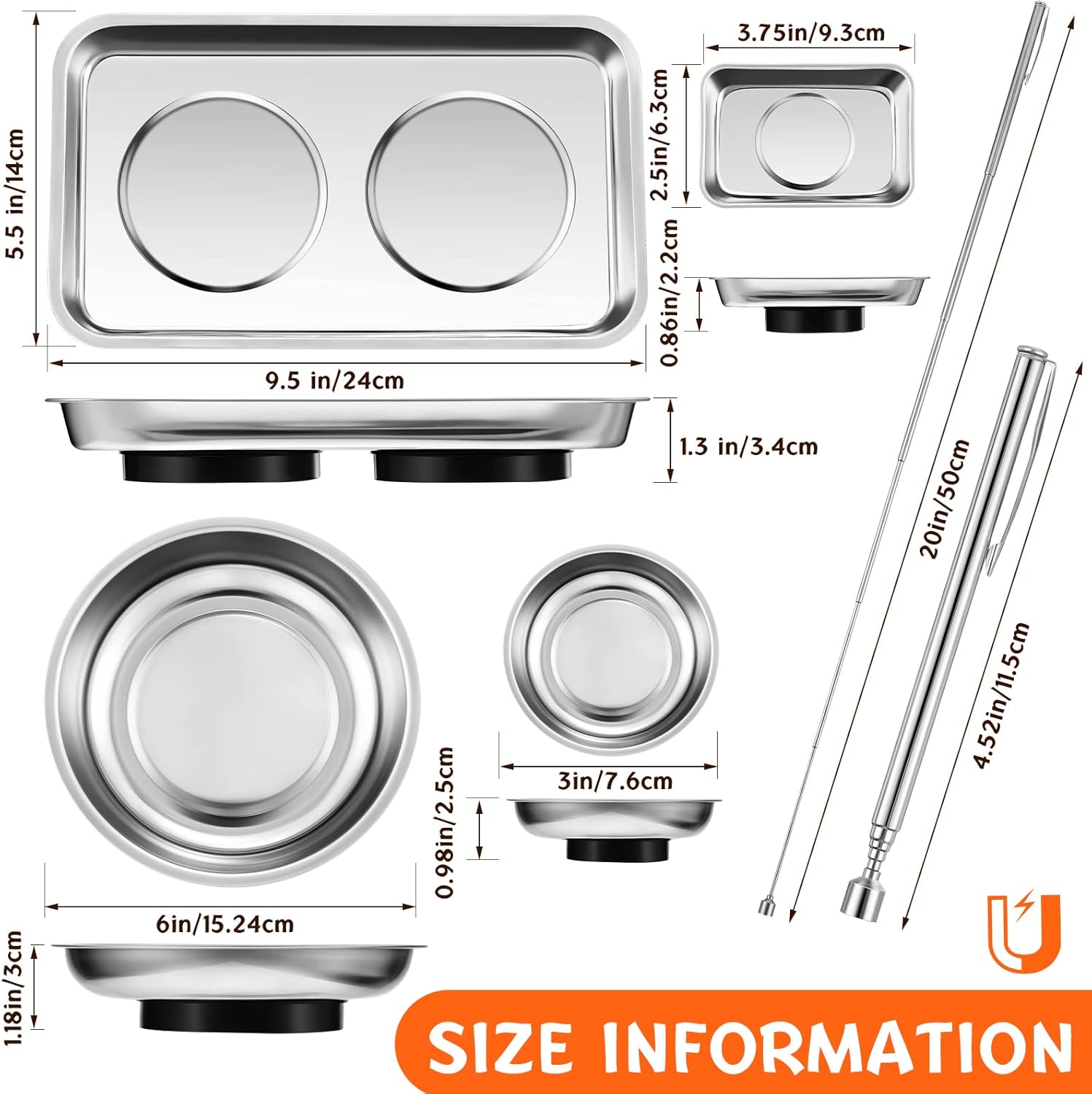 4 pcs Magnetic Tray with Magnetic Pin Screw Bolt Holder Round Magnet Parts Bowl Stainless Steel Pickup Tool Tray for Mechanic's โ image 2