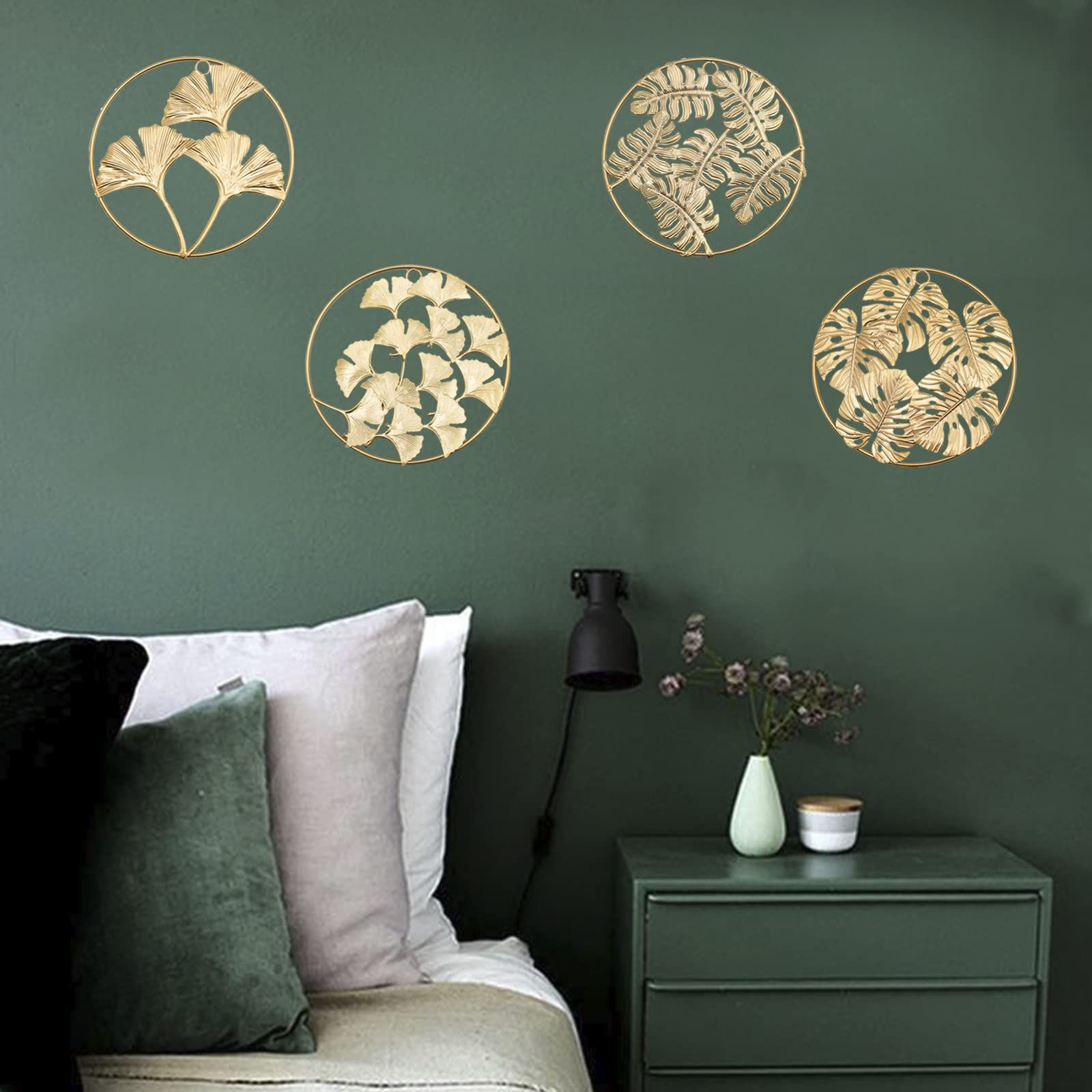4 PCS Round Wall Ornaments Easy Installation Gold Metal Leaf Wall Decor for Bedroom Hanging Parts Hotel Decoration (7.5 in,Gold) — image 4