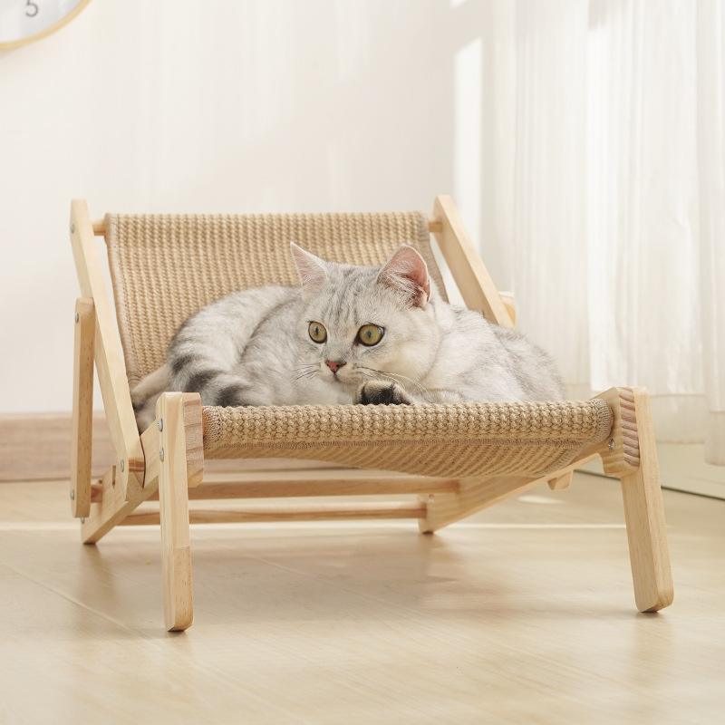 Adjustable Wooden Cat Lounge Chair - Comfortable Woven Hammock for Cats โ image 3