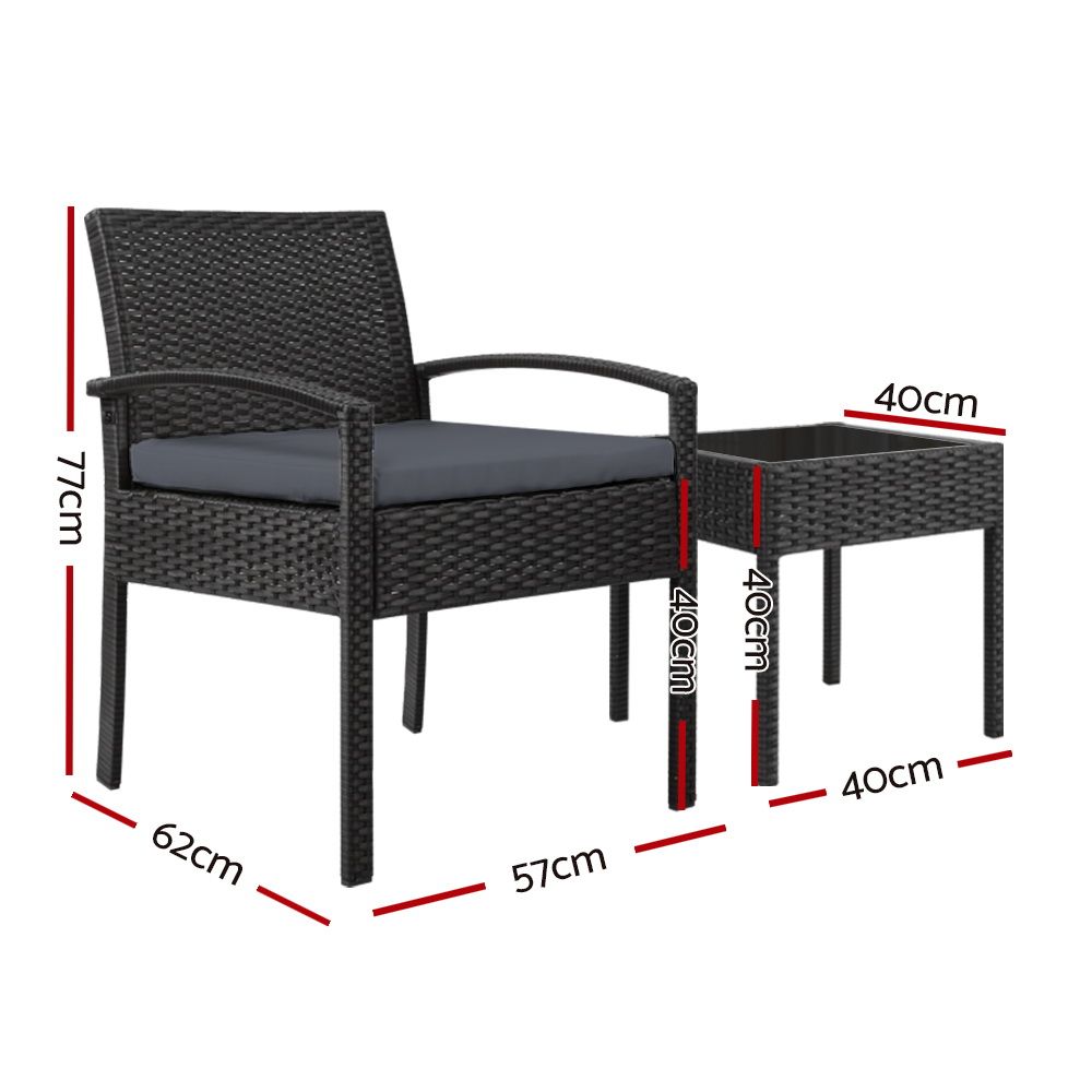 Gardeon 3PC Patio Furniture Bistro Set Wicker Outdoor Lounge Setting Black โ image 2