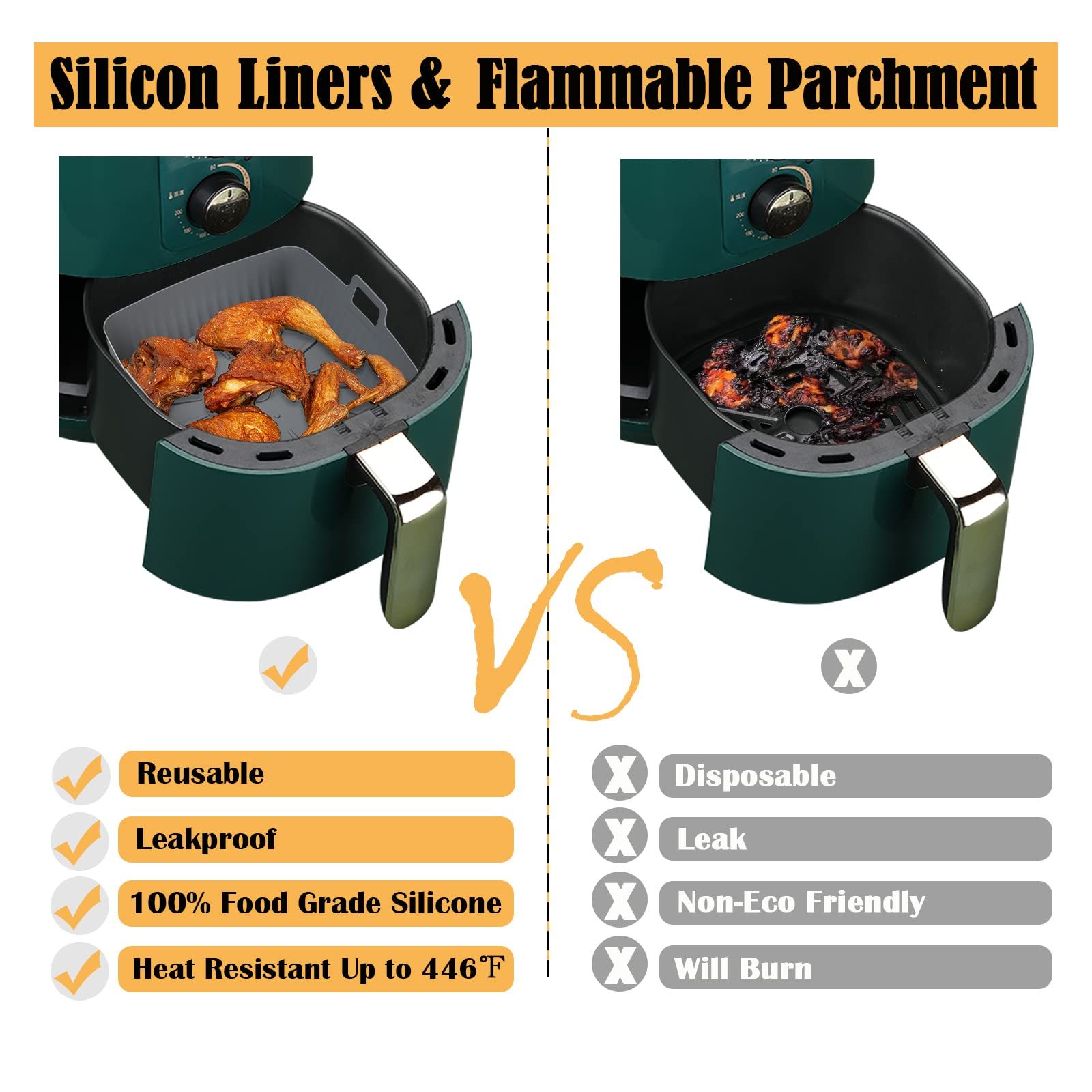 4Pcs 9 inch Air Fryer Silicone Liners, Square Air Fryer Liner for 6-9 QT Air Fryer,Reusable Large Air Fryer Insert Silicone — image 2