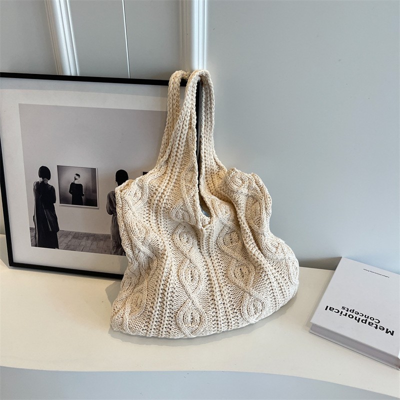 Beige twisted dough Bohemian Knit Shoulder Bag - Hand-Woven Crochet Tote for Women
