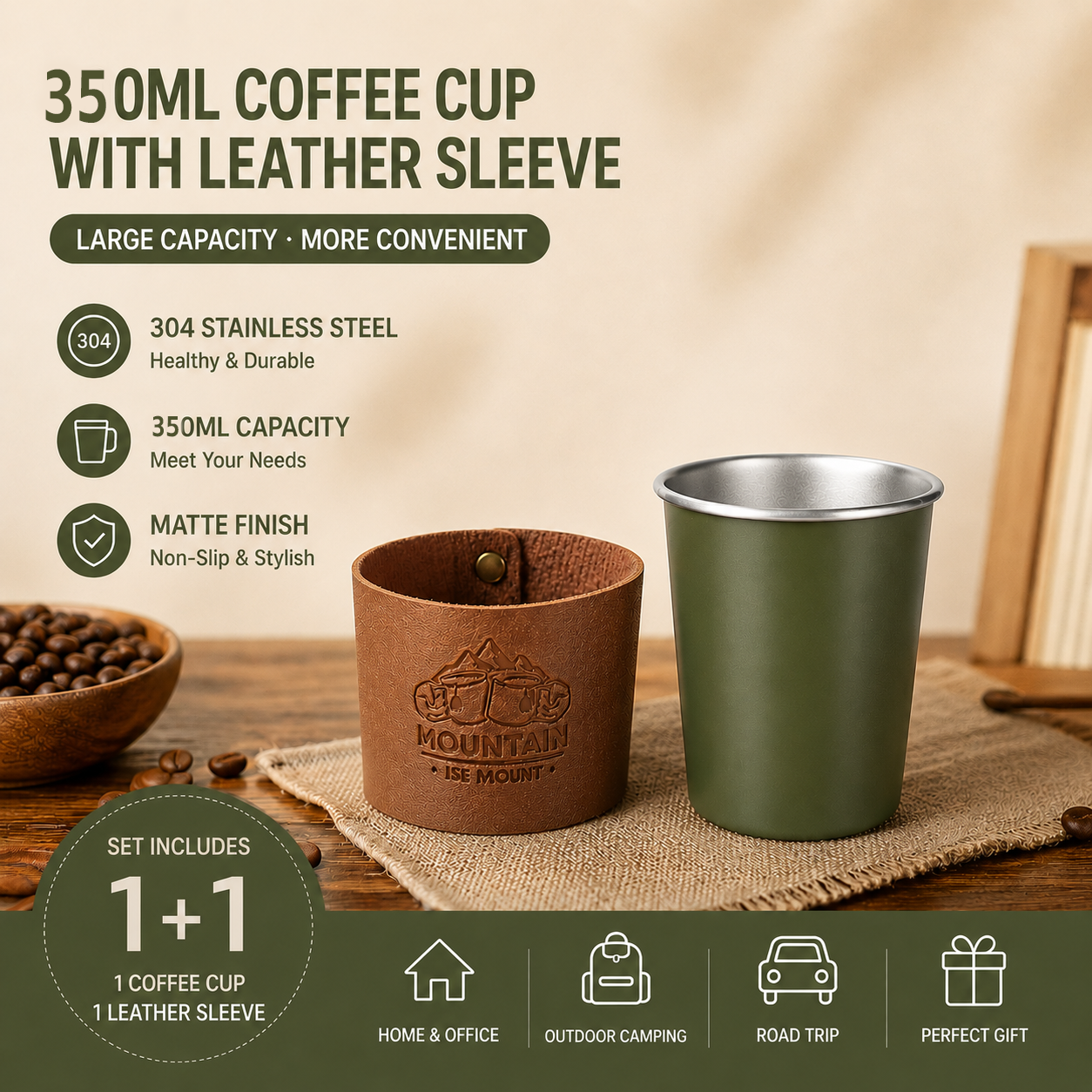Green 304 Stainless Steel Camping Coffee Cup with Leather Sleeve โ 350ml Portable Outdoor Drinking Cup, Beer Cup, Travel Mug for Camping, Hiking, Picnic and