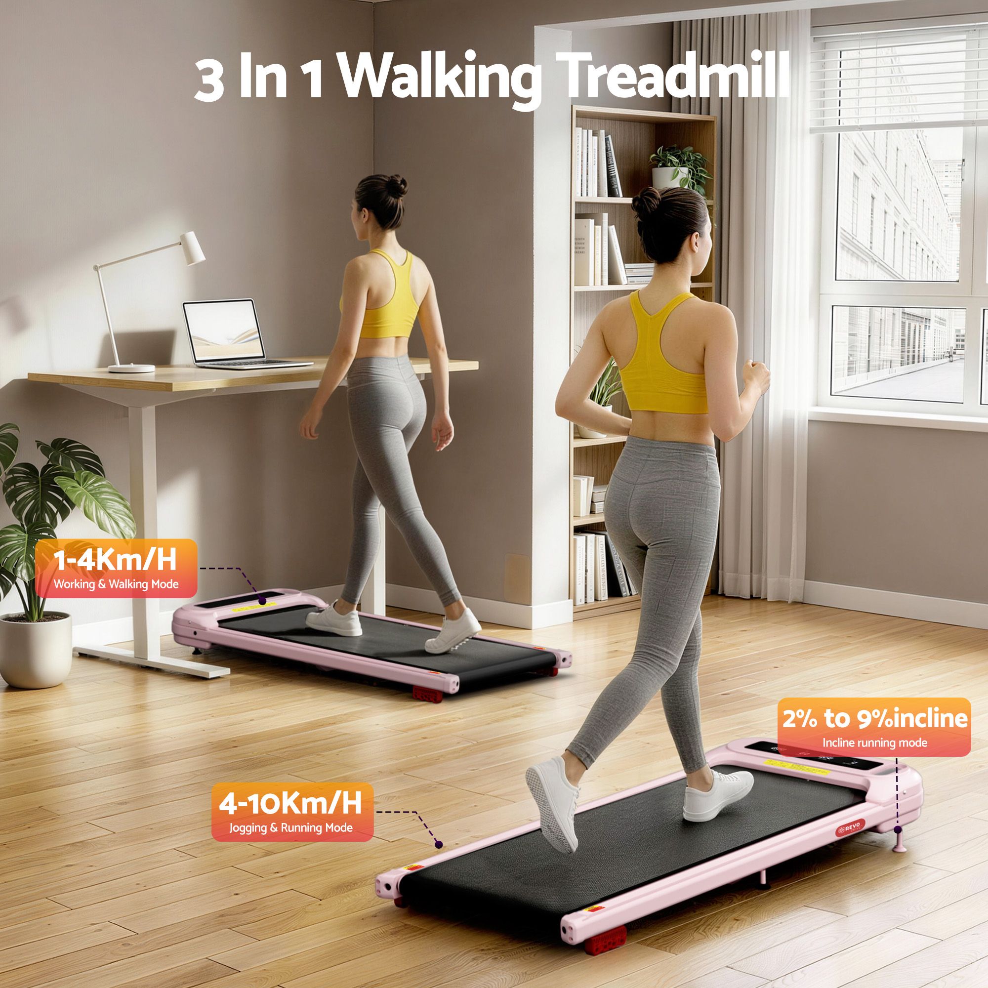 Everfit 3 in 1 Treadmill Electric Walking Pad with Incline Under Desk Home Gym Pink โ image 2