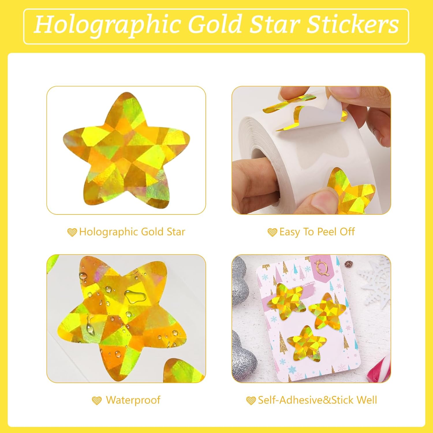 Holographic Gold Star Stickers for Kids Reward - 500Pcs 1.5Inch Shiny Self-Adhesive Metallic Glitter Foil Stickers for DIY, Homework, School, Classroom โ image 3