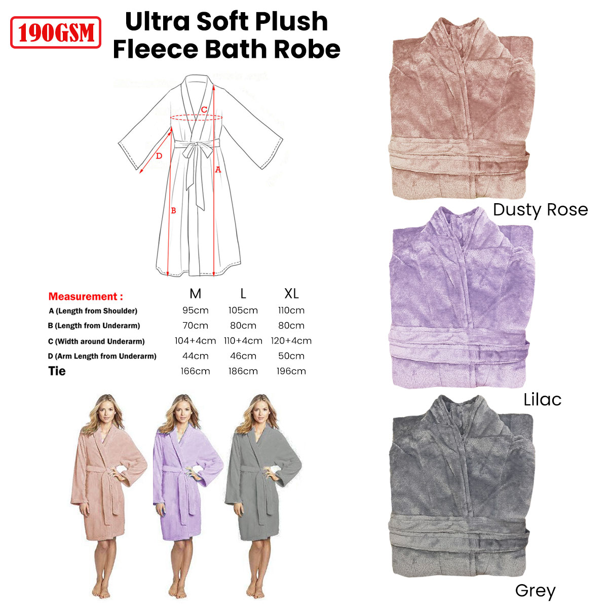 190GSM Ultra Soft Plush Fleece Bath Robe Grey XL — image 2