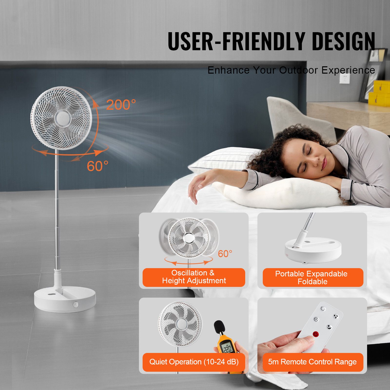 12 Inch Foldable Oscillating Standing Fan with Remote Control, 4 Speed Adjustable Portable Desk Quiet Fan, 7200mah Rechargeable USB Small Fan, Folded Rotating — image 5