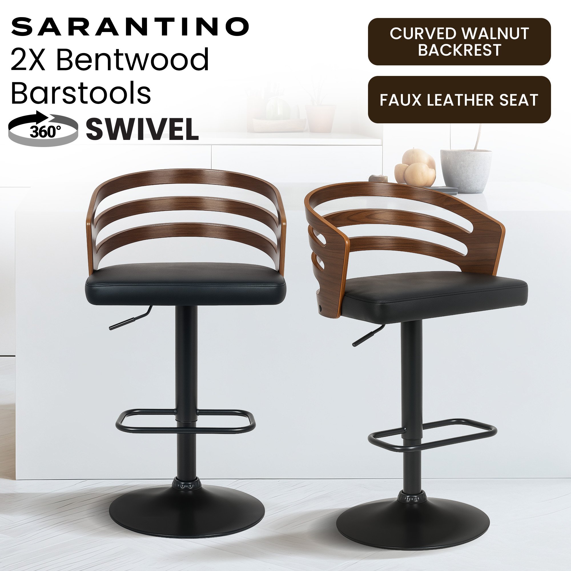 Sarantino Set Of 2 Bentwood Walnut Barstool Adjustable Height Swivel Footrest โ image 2
