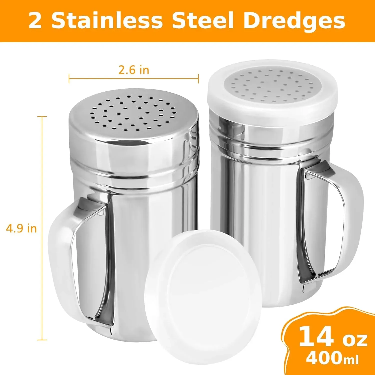 2 Pack Stainless Steel Salt and Pepper Dredge Shakers with Handle and Spice Lids for Kitchen and Dining 14 Ounce — image 2