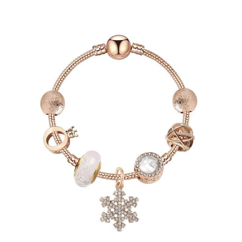 Rose Gold Snowflake Pendant Bracelet with Crystal Zircon, Crown & Glass Charms โ Glamorous Sweet-Style Alloy Bracelet(19cm)