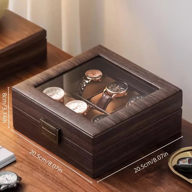 Wood Grain Faux Leather Watch Storage Box - 6-Compartment Dustproof Display Case, Soft Lined Interior, Hinged Flip-Top Lid, Suitable for Home and Retail Use