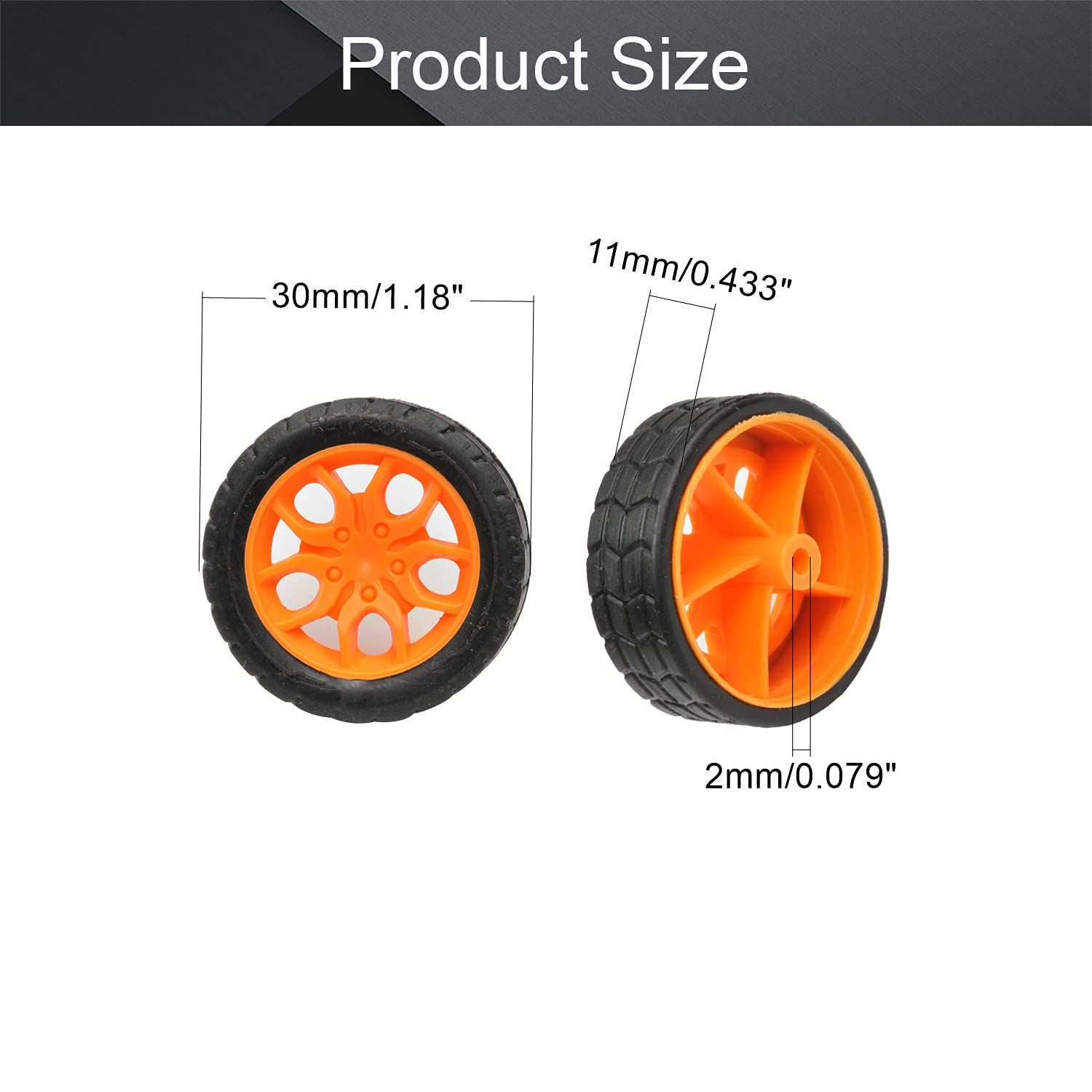 30x11mm RC Cars Wheels, 4Packs Black Orange Toys Wheels, 2mmDia Shaft Plastic Model Wheels for DIY Toy, RC Car, Truck — image 2