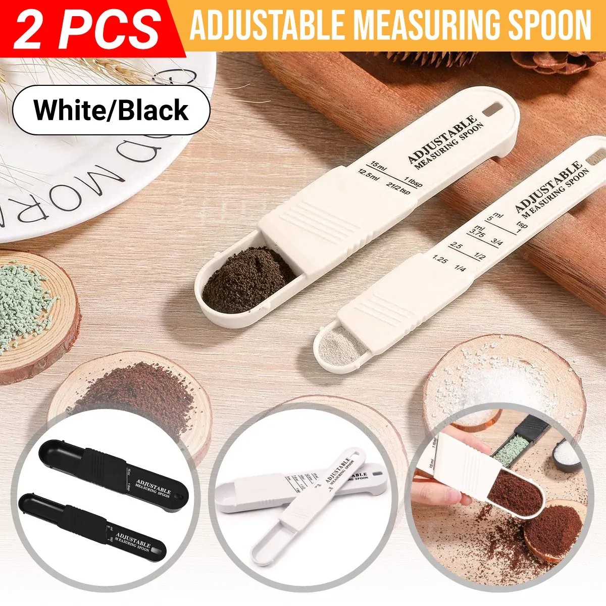 2PCS Adjustable ml Gram Plastic Measuring Spoon Scale Kitchen For Metering Spoon - Black — image 2