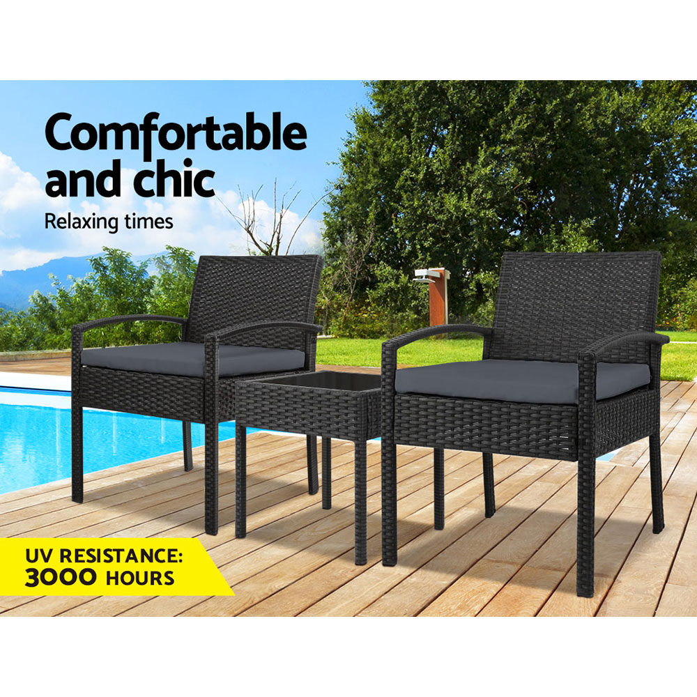 Gardeon 3PC Patio Furniture Bistro Set Wicker Outdoor Lounge Setting Black โ image 3