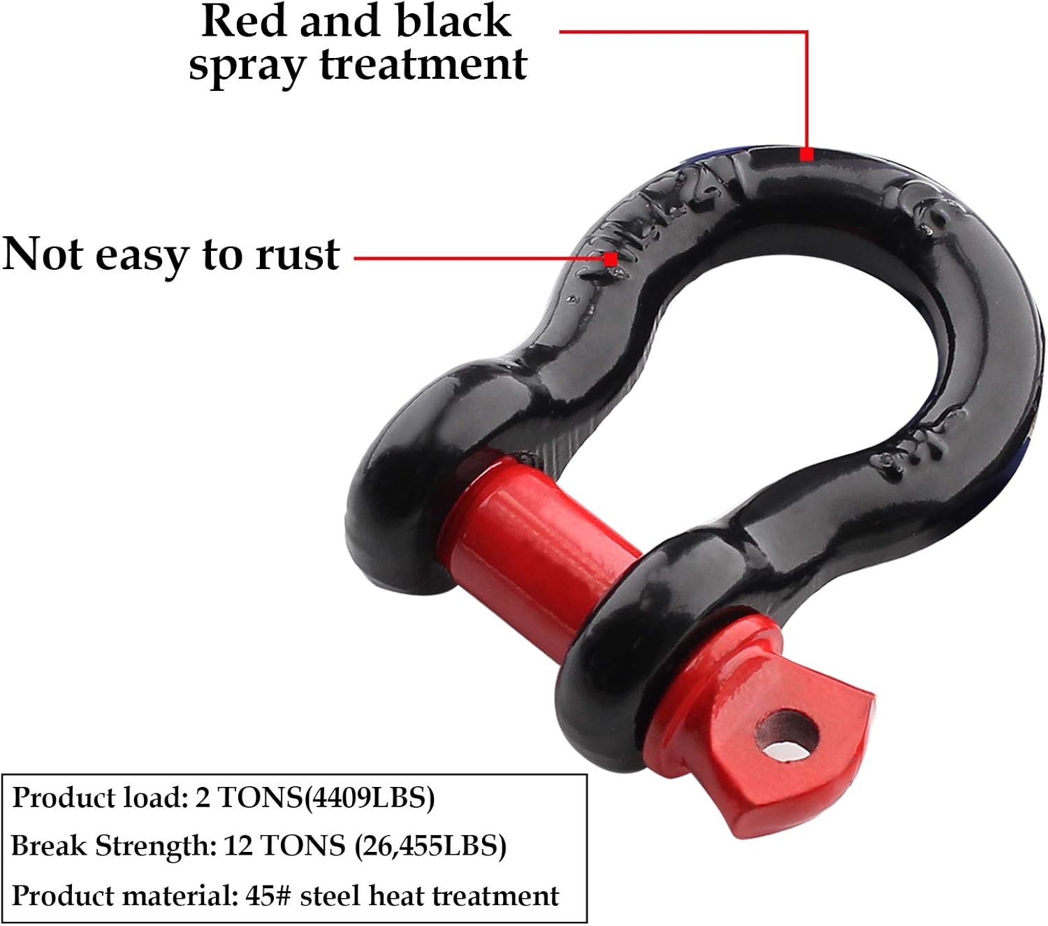 2Pcs 1/2 Inch D Ring Shackle, D Shackle Rugged 12 Ton(26,455 lbs) Maximum Break Strength, 2 Ton (4409 Lbs) Capacity (Pack of 2) โ image 4