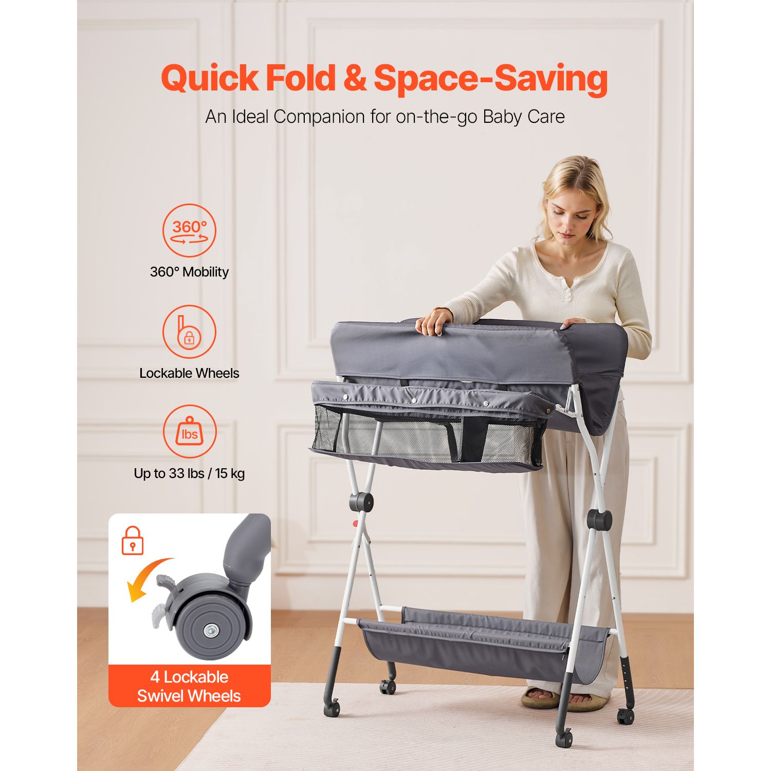Baby Changing Table, Foldable Diaper Change Station with Side Basket, Adjustable Height Portable Changing Table with Lockable Wheels, Multi-Functional Storage — image 3