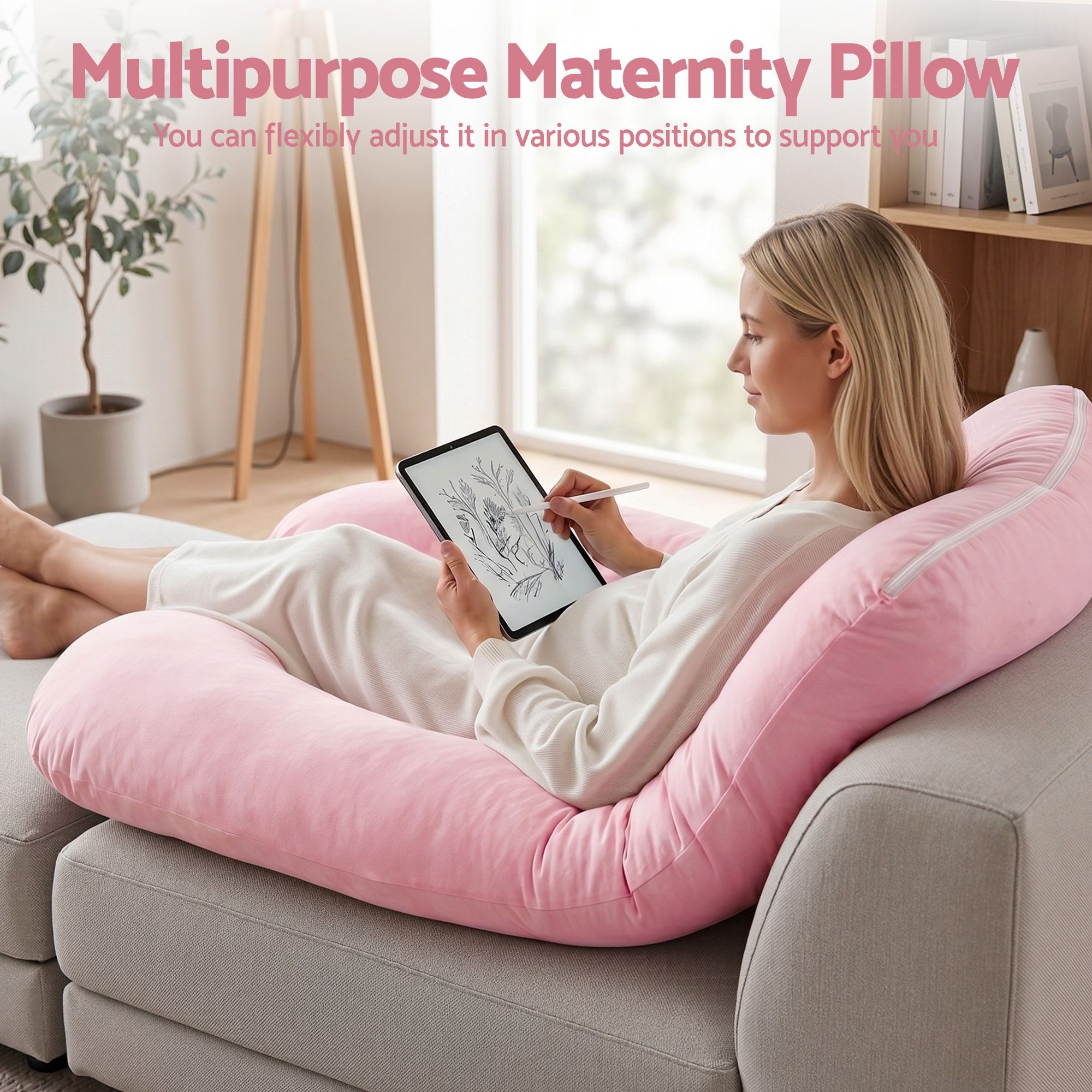 Giselle Bedding Pregnancy Pillow U Shaped Full Body Pillow with 100% Cotton Jersey Cover Maternity Pillow for Sleeping Reading, Pink, 73x133cm โ image 6