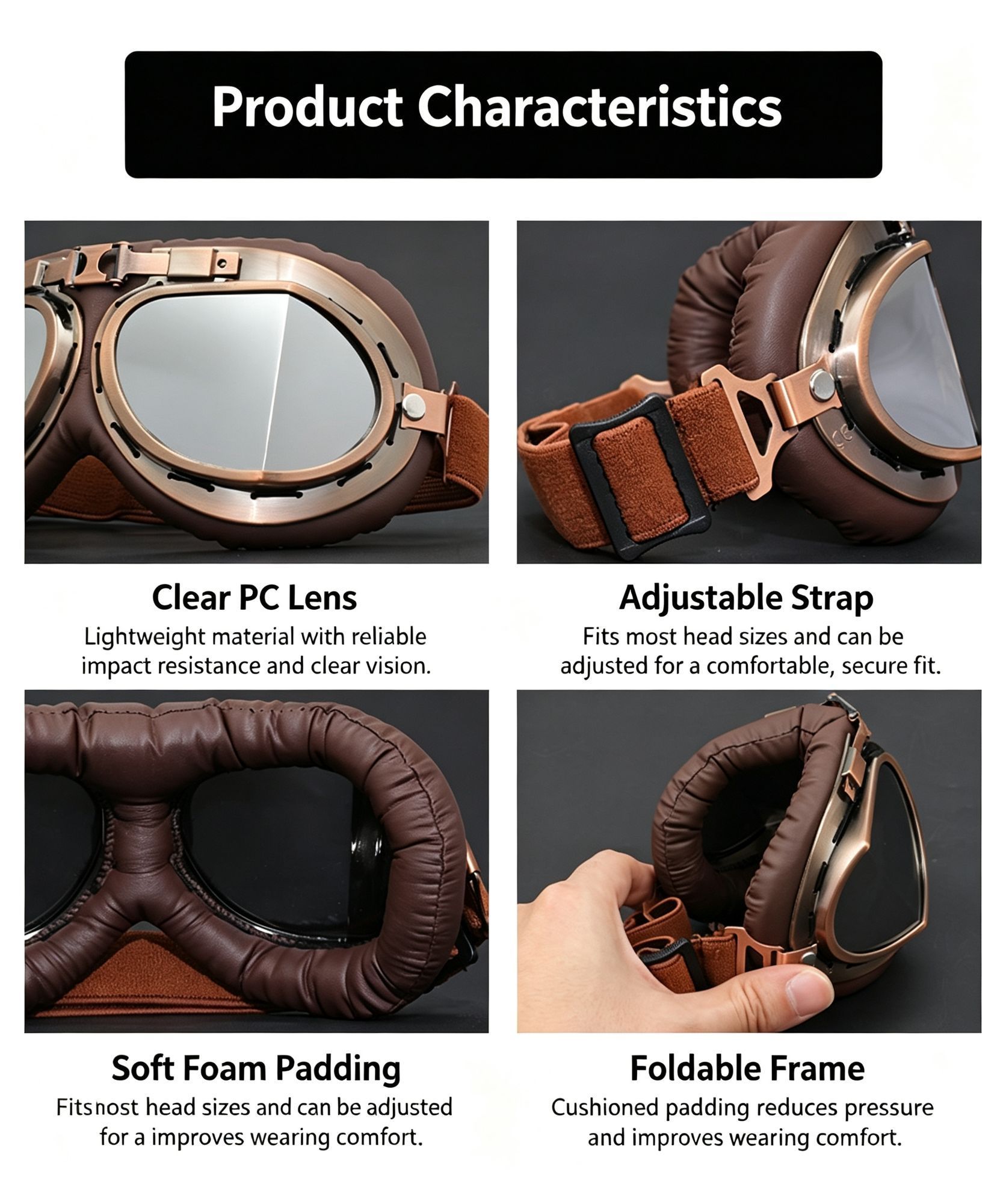 Retro Bronze Harley Helmet Riding Goggles, Wind & Sand Proof Motocross Eyewear, Bronze Frame with Smoke Grey Lens, Versatile Outdoor Cycling — image 5