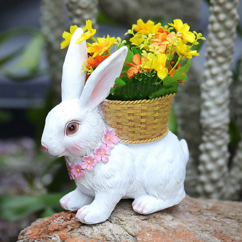 Rabbit Flowerpot Resin Process Rabbit Ornament with Back Basket Outdoor Decoration for Courtyard Garden White โ image 4