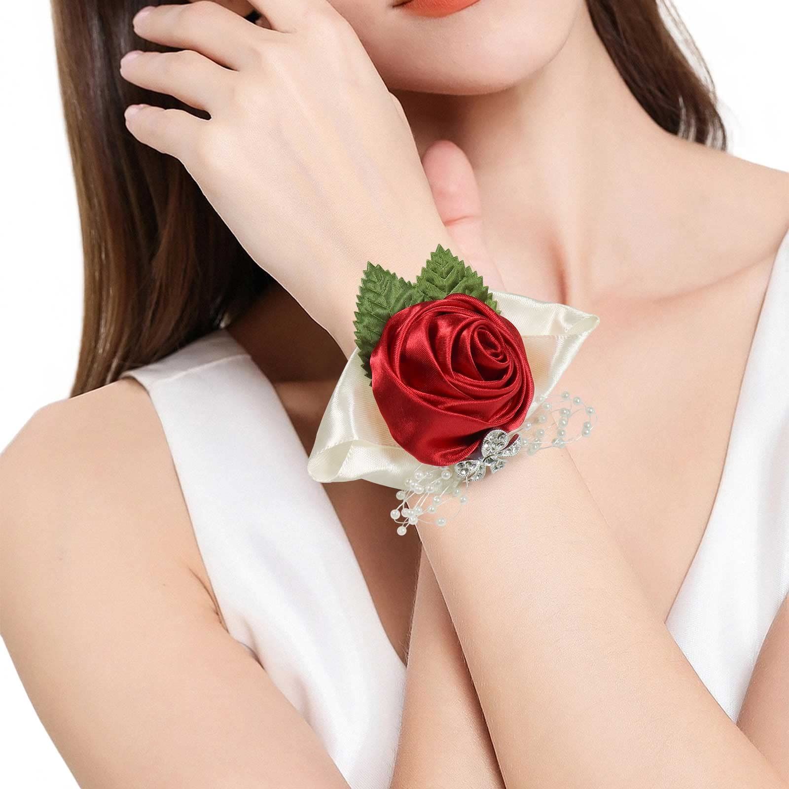 Fashionable wedding bridesmaid wrist flower bust party hand flower decoration with artificial pearl bead wristband red — image 3