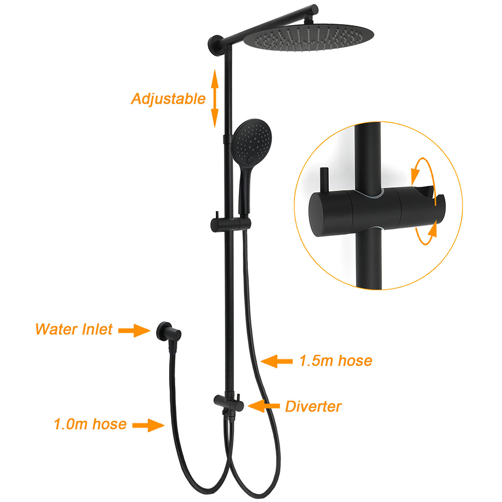 WELS Matte Black 12" Twin Round Shower Head Set Handheld Diverter Rail Wall Arm Mixer โ image 2