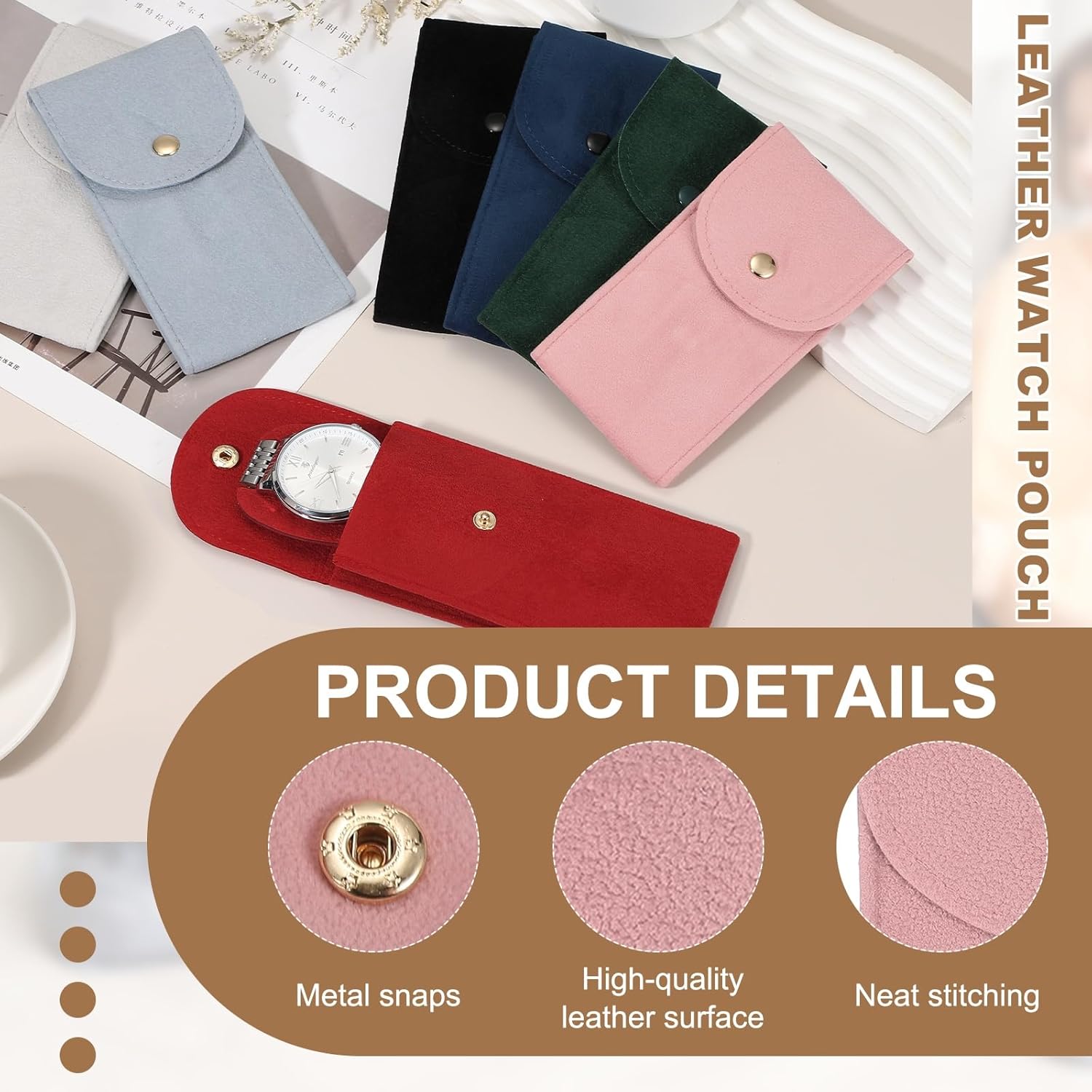 4 Pcs Velvet Watch Pouch, 5.1 x 2.8 Inch Portable Travel Case Jewelry Storage Bag Single Watch Storage Pouch for Men and Women with Snap Button for Travel โ image 3