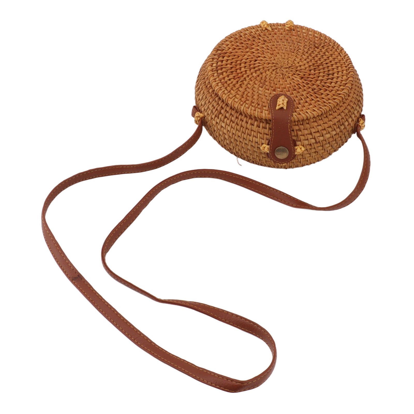 Handwoven Round Rattan Bag Tropical Beach Style Woven Shoulder Rattan Bag with Leather Strap 20cm Diameter Natural Color Oval with Lining — image 6