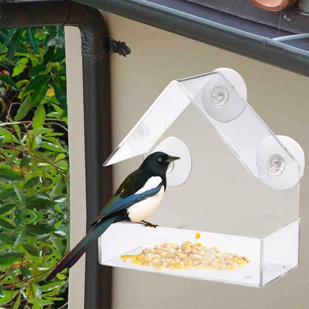 Bird Feeder, Window Bird House Crystal Clear Acrylic with Seed Tray, Drain Holes and 3 Suction Cups, Weatherproof Design, Squirrel Resistant, Drains Rain — image 6