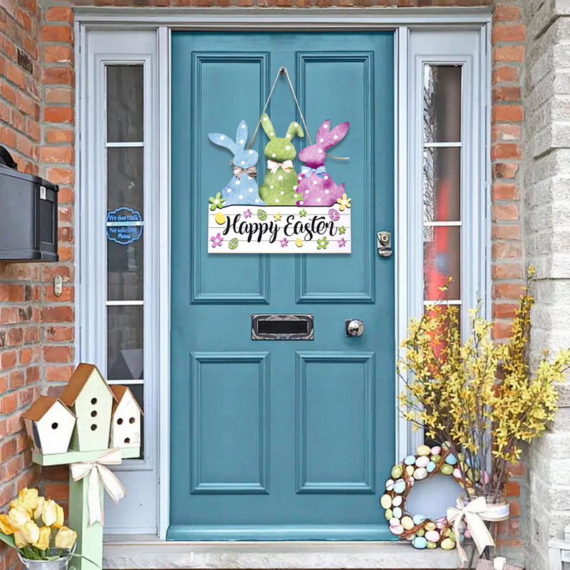 Coffee color 2-Pack Easter Bunny Wooden Sign – Colorful Wooden Hanging Decor with "Happy Easter" Text, Spring Door or Wall Decoration for Home and Party — image 3