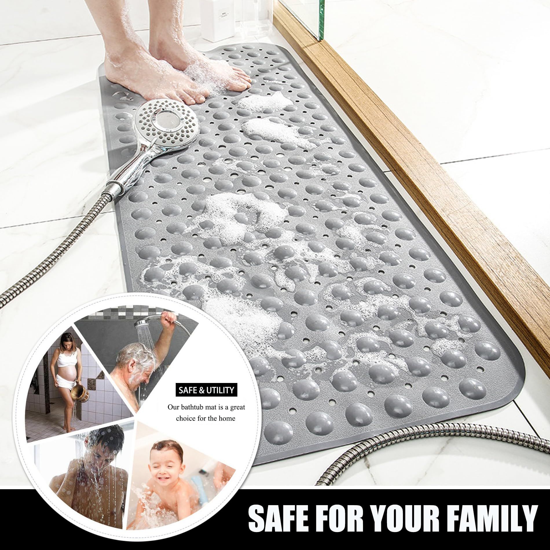 Machine Washable Shower Mats with Suction Cups and Drain Holes, Bath Tub Mats for Bathroom Non Slip, Grey — image 2