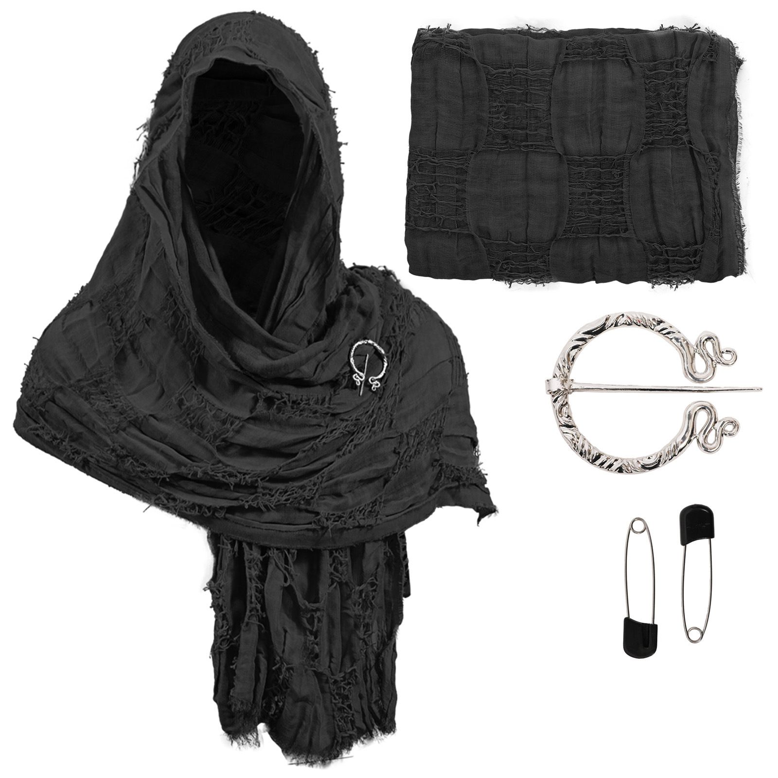 Distressed Linen Blend Shawl Grunge Fringe Scarf, Celtic Retro Unisex Bohemian Wrap with Brooch for Fall Winter./blackgrey