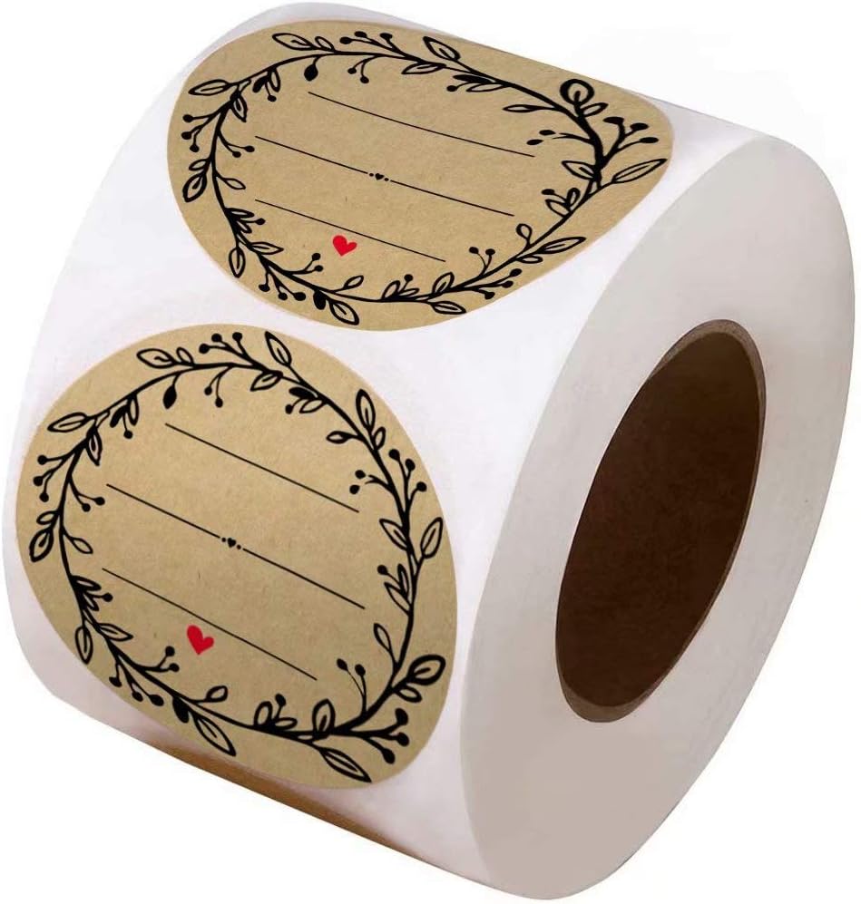 2 Inch Wreath Design with 3 Lines for Writing (500 Labels per roll) Natural Brown Kraft Stickers for Canning Labels Jar, Store Owners, Crafts, Organizing — image 2
