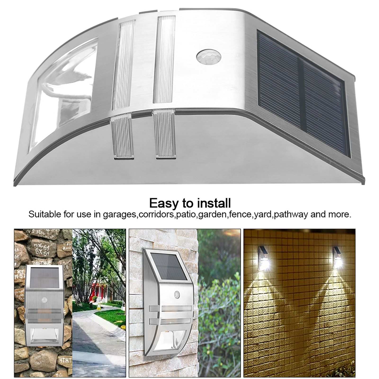 Solar Powered PIR Motion Sensor 2 LED Path Wall Light Garden Security Lamps Silver Pure White — image 6