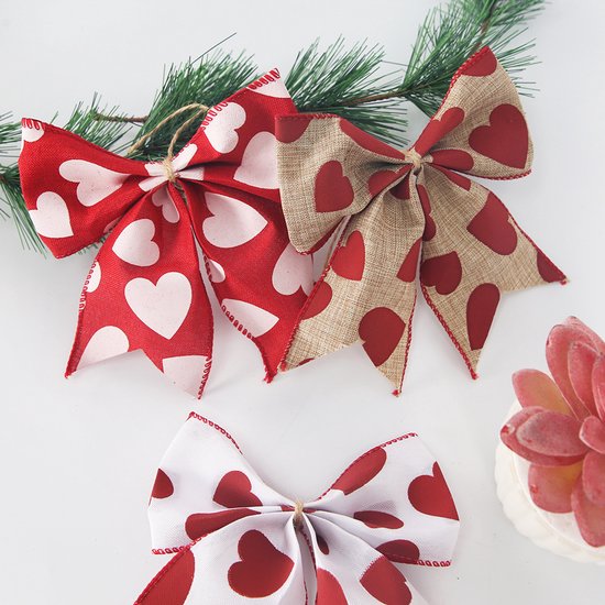 Valentine's Day Decorations - Heart Print Bows - Set of 3 - Wedding Gift Accessories - Handmade Linen Heart Bows โ image 5