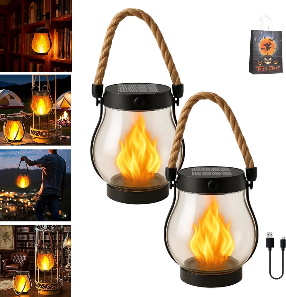 Outdoor solar lights - Solar garden lighting - Solar lantern - Dancing flame solar lanterns outdoor waterproof lighting - Hemp rope flame lamp - For camping