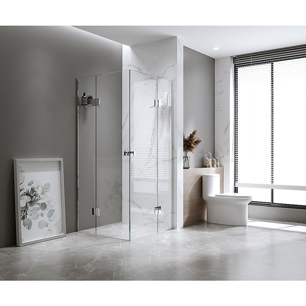 110x120cm Double Door Corner Shower Screen β Wall Channels with SS Hinges in Gunmetal, Square Knob Handle