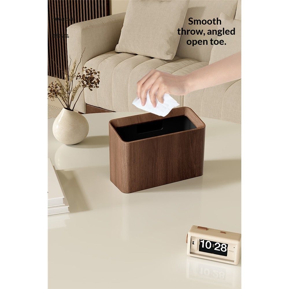 Mini Desk Trash Can, Desktop Trash Can Wood Grain, Uncovered Retro Wastebasket for Kitchens, Offices, Living Room, Makeup Table (Walnut color ) — image 2