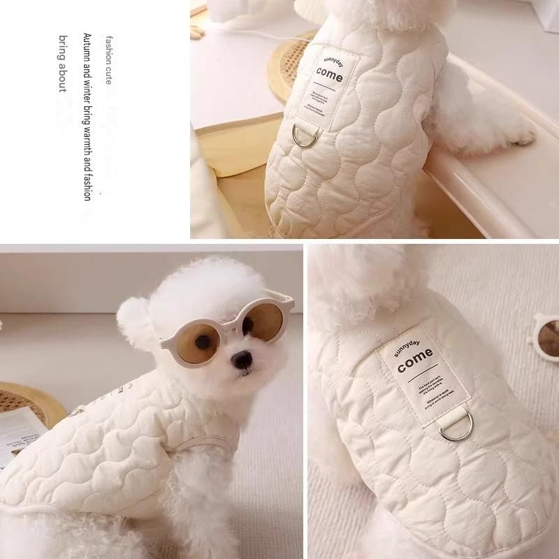 Winter Pet Care Bundle - L Size 42*30cm Beige Quilted Dog Vest with Leash Ring and L Size 60*75cm Coffee-colored Oval Arctic Fleece Bed - Warm Cotton — image 4
