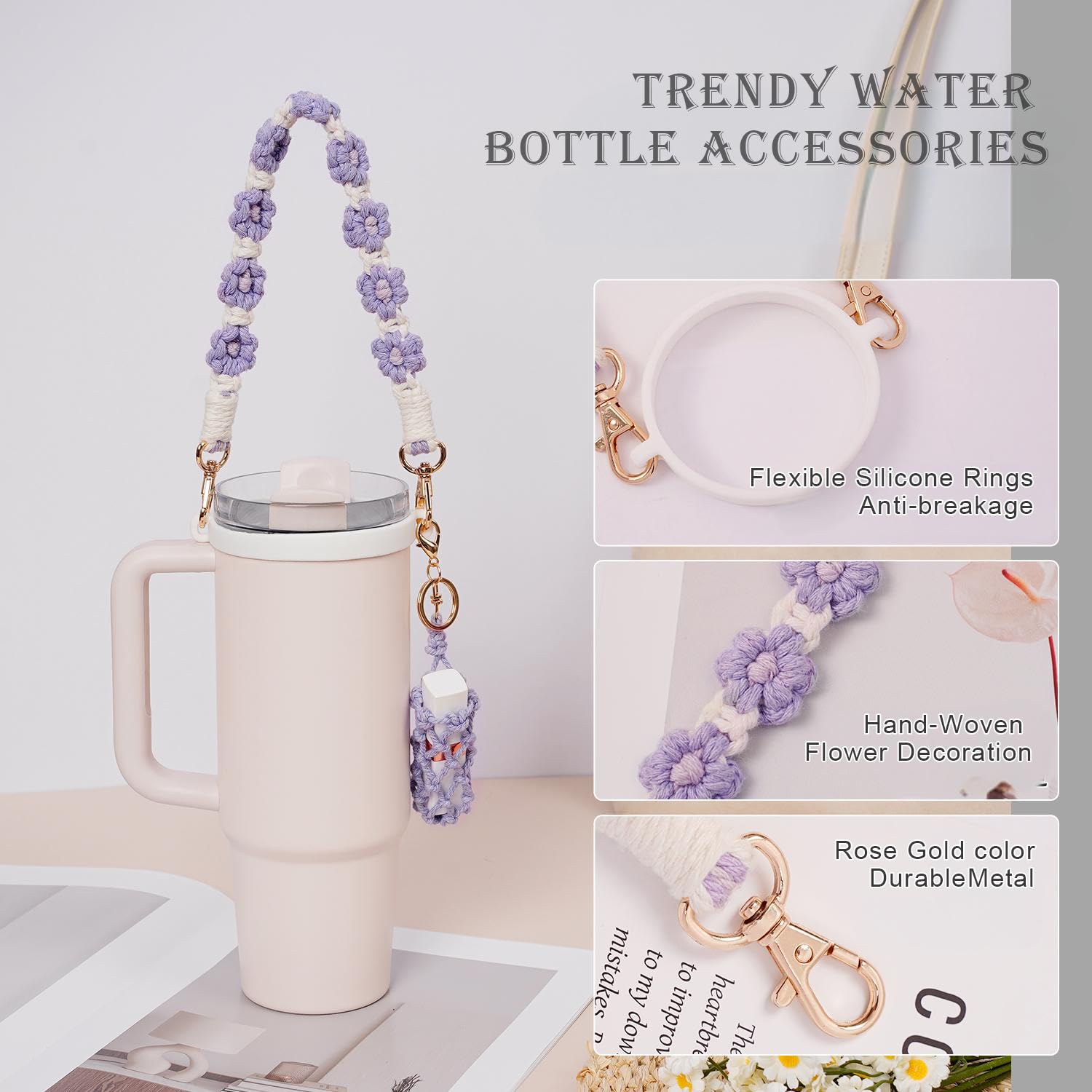 Hand-Woven Flower Water Bottle Strap with Silicone Ring 41cm/16.14 inch – Universal Cup Holder for 14oz, 30oz, and 40oz Stanley Tumblers, Adjustable Shoulder — image 6