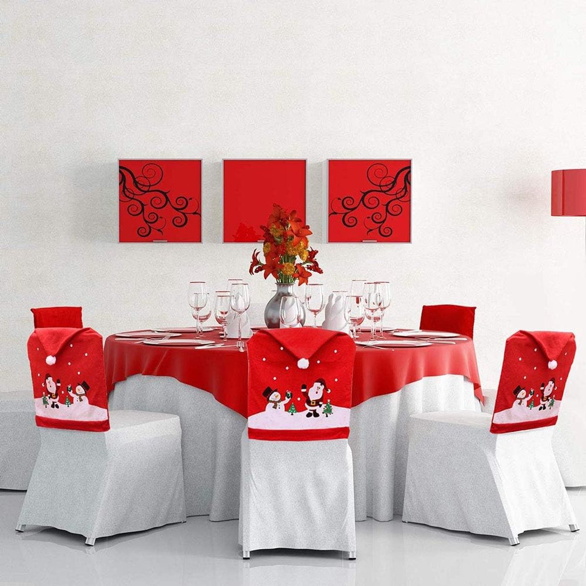 Chair Covers (4 Pieces) - Dining Chair Cover - Sofa Cover - Chair Covers - Christmas Chair Covers - Santa Claus and Snowman Red Hat Christmas Chair Back Cover — image 5