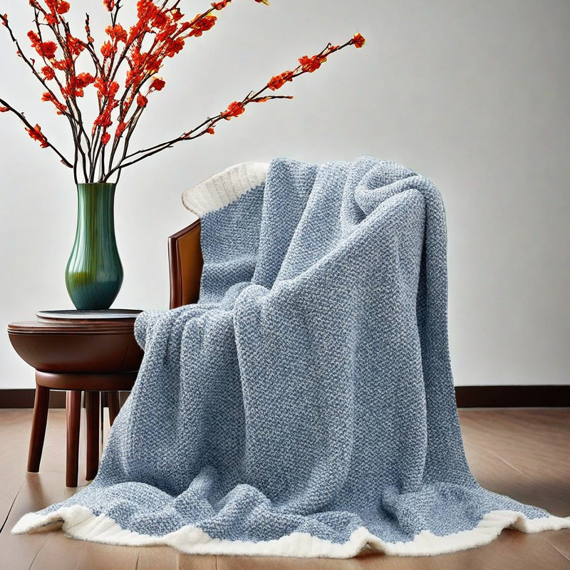 Beige and White Plush Chenille-Knit Throw Blanket - Soft Cozy Polyester for Bed & Sofa | Textured Two-Tone Design (127 × 153cm) — image 4