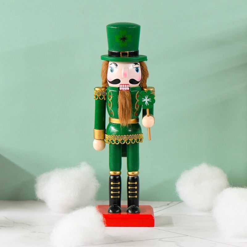 Figurine Wooden Standing Nutcracker Puppet Traditional Patricks Day Ornaments Home Art Decor for Desktop Bookshelf 25CM