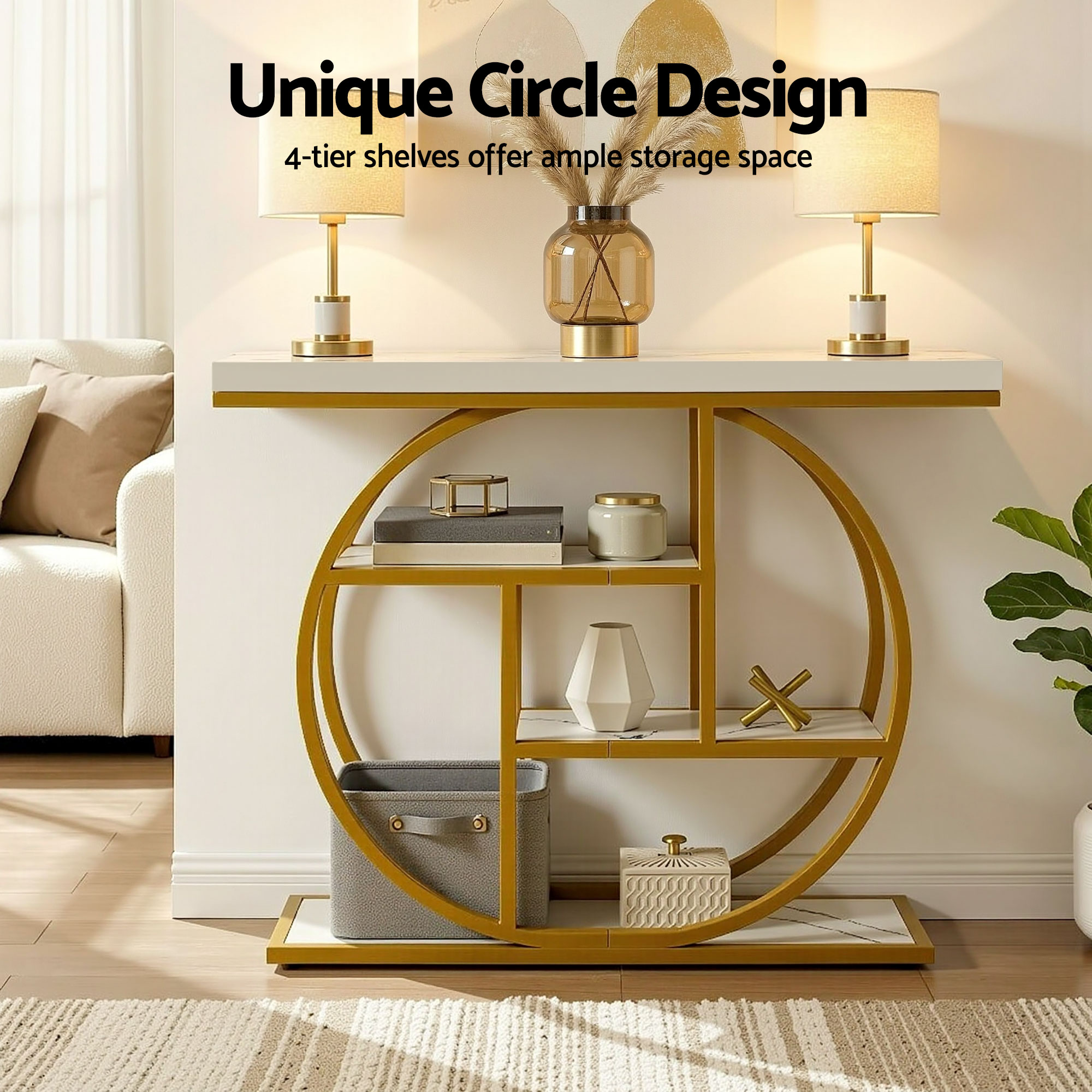 Artiss Console Table Marble Effect 4-Tier Shelves 105CM White&Gold — image 6