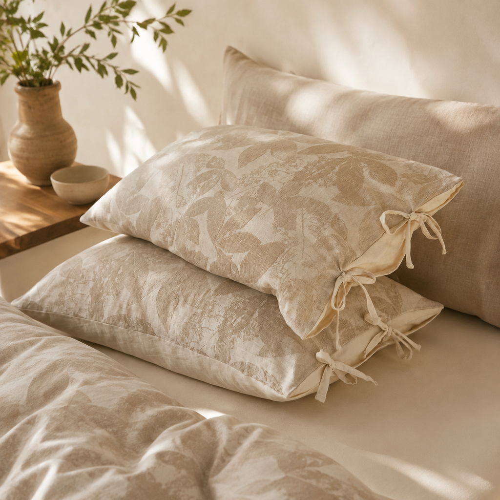 Linen Cotton Pillowcase Pair with Tie Closure Floral Pillow Covers 48x74cm (Style 3) — image 2