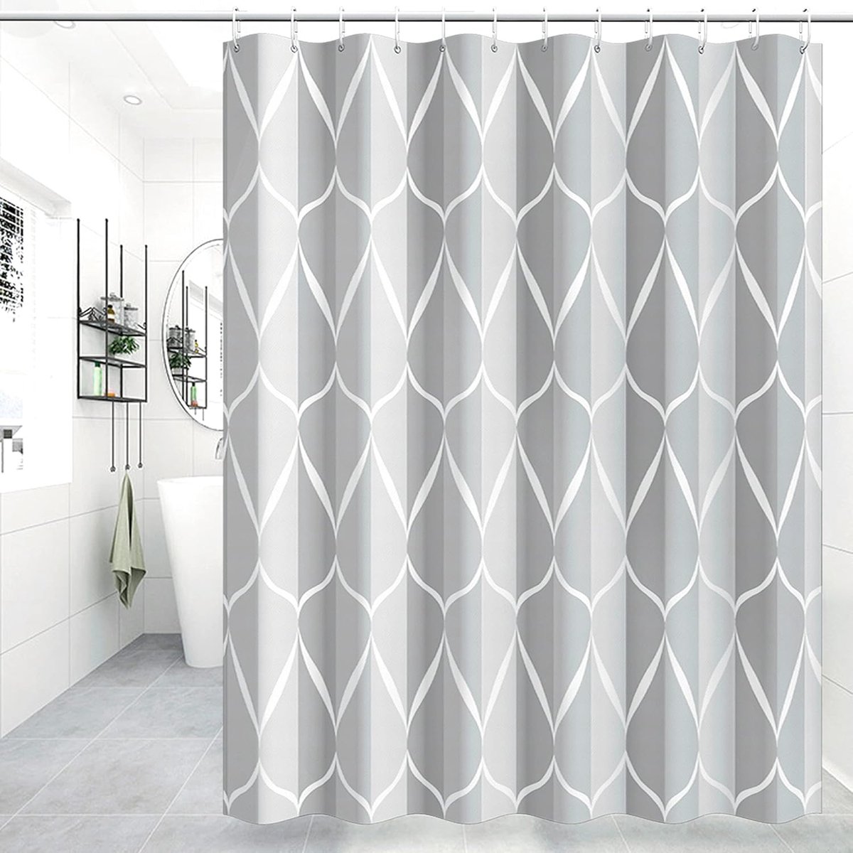 Anti-Mold Shower Curtain - Waterproof - 120 × 180 Cm - Waterproof Washable Anti-Mold Polyester Shower Curtains - Grey - With 8 Shower Curtain Hooks — image 4