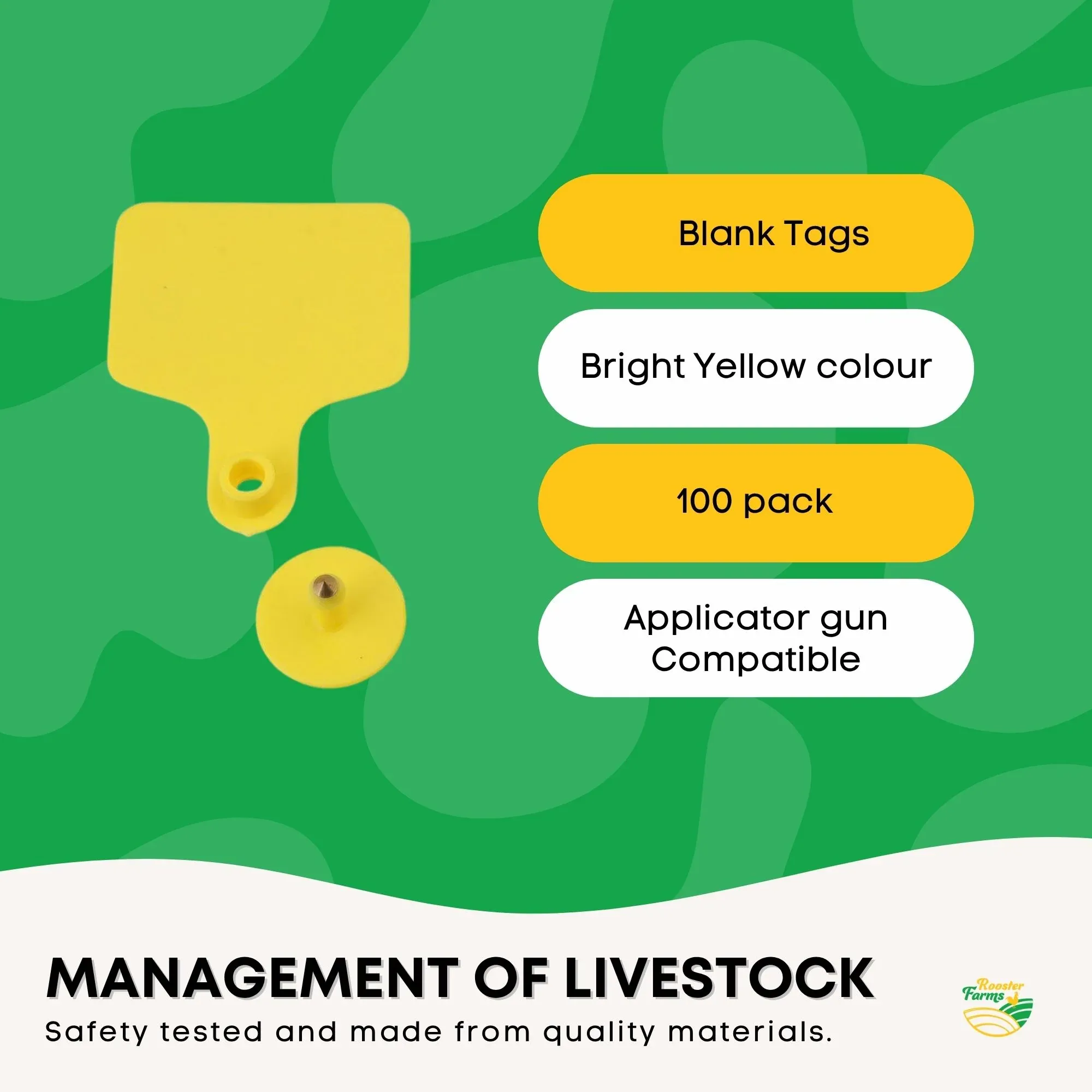 Rooster Farms 100x Cattle Ear Tags 6x7cm Livestock Set - Blank Yellow — image 3