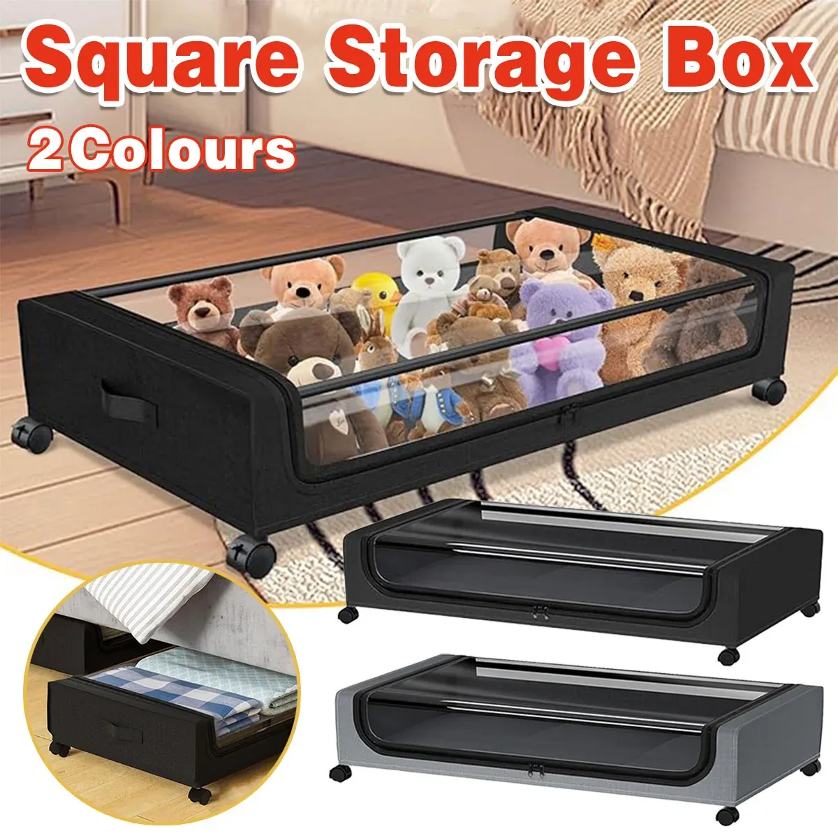 Under Bed Storage Rack Square Design with Wheels Rolling Trolley Box for Home - Black — image 2