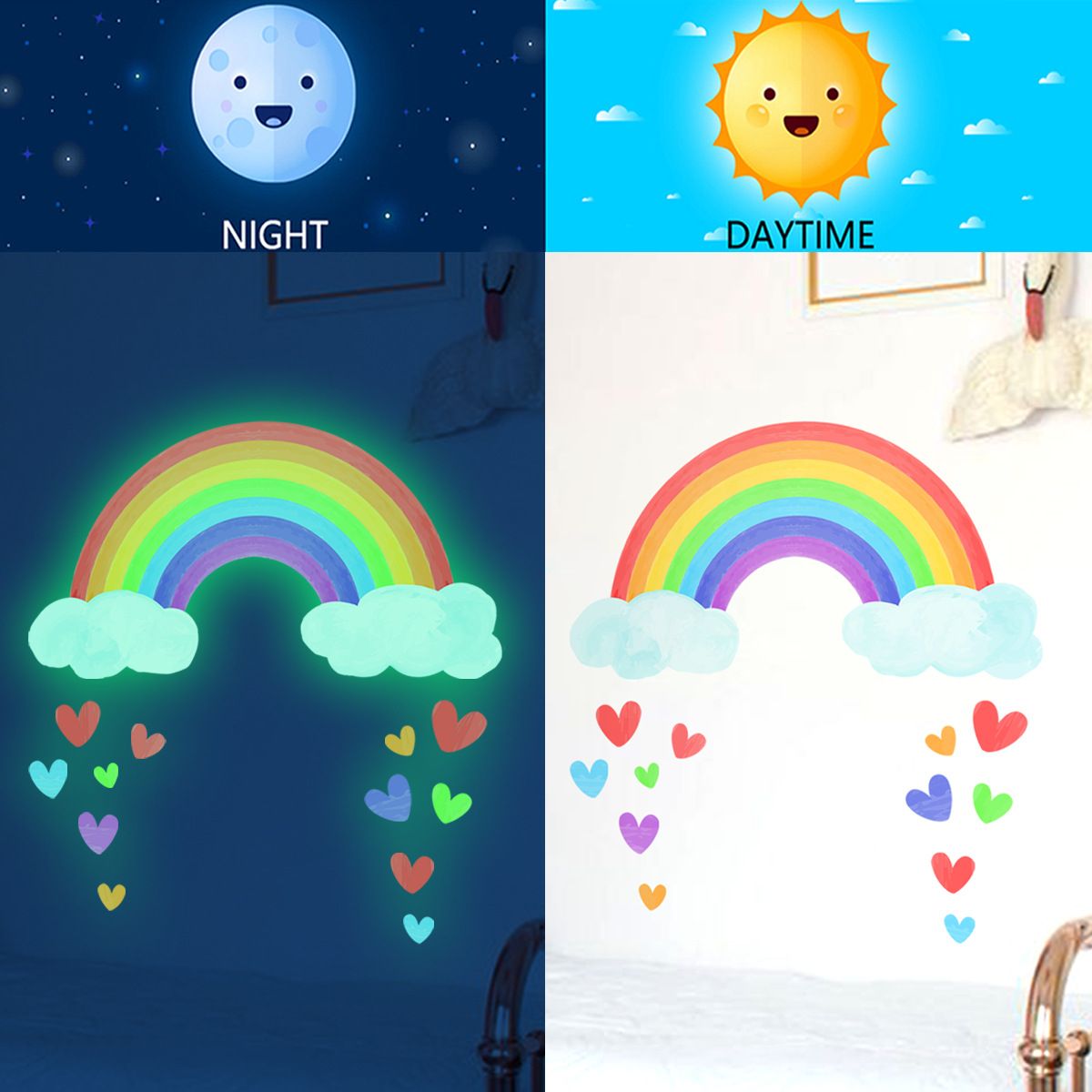 Glow in The Dark Large Rainbow Wall Decals Removable Star Butterfly Heart Wall Sticker Glowing Rainbow Wallpaper Watercolor — image 2