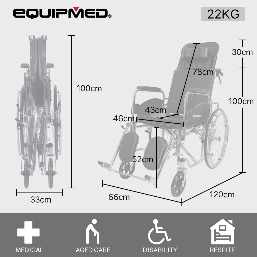Equipmed Folding Manual Reclining Wheelchair Self Propelled, 24" Rear Wheels, Chrome Steel Frame, 46cm Wide Seat, 100kg Capacity, Park Brakes — image 2